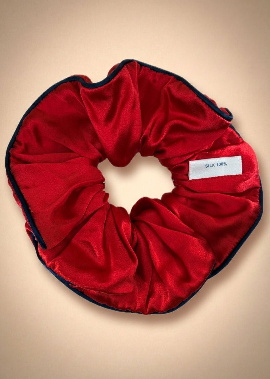 Ruby Red Silk Scrunchie with Midnight Blue Trim