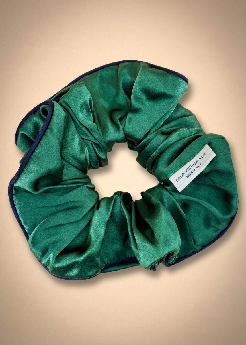 Emerald Green Silk Scrunchie with Midnight Blue Trim
