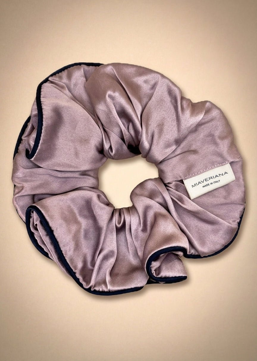 Mulberry Lilac Silk Scrunchie with Midnight Blue Trim