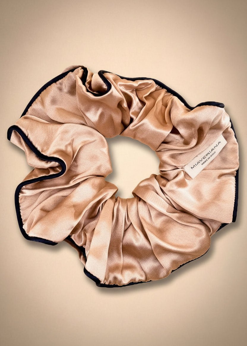 Rose Gold Silk Scrunchie with Midnight Blue Trim