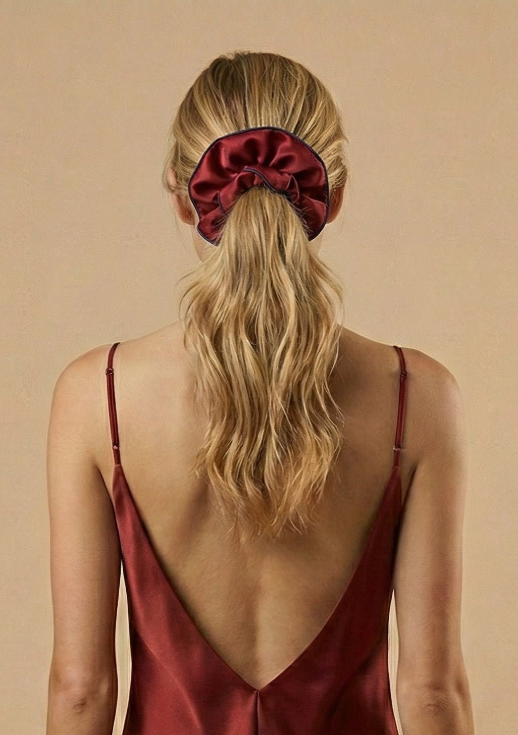 Ruby Red Silk Scrunchie with Midnight Blue Trim