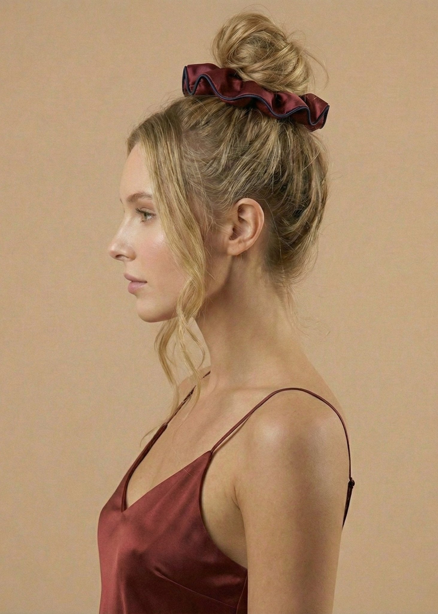 Ruby Red Silk Scrunchie with Midnight Blue Trim