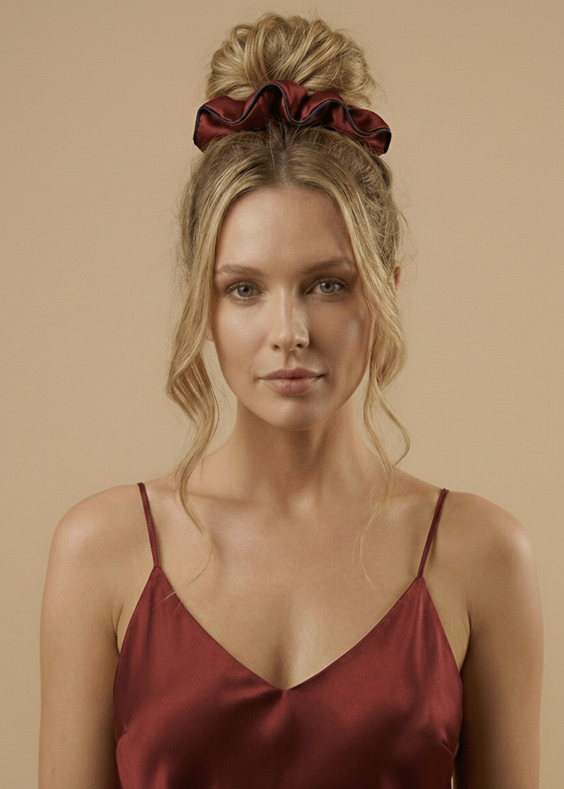 Ruby Red Silk Scrunchie with Midnight Blue Trim