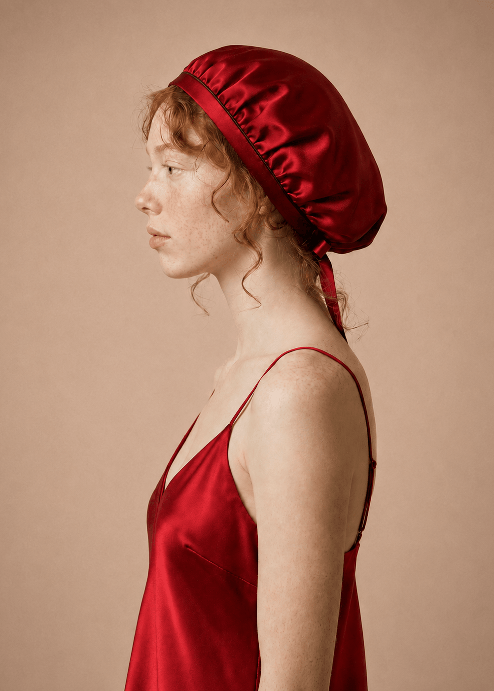 Ruby red silk hair bonnet with midnight blue trim by Miaveriana.