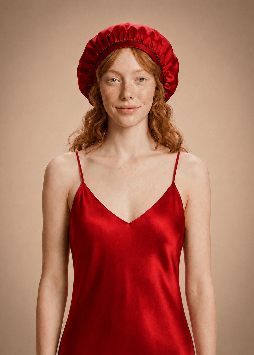 Ruby red silk hair bonnet with midnight blue trim by Miaveriana.