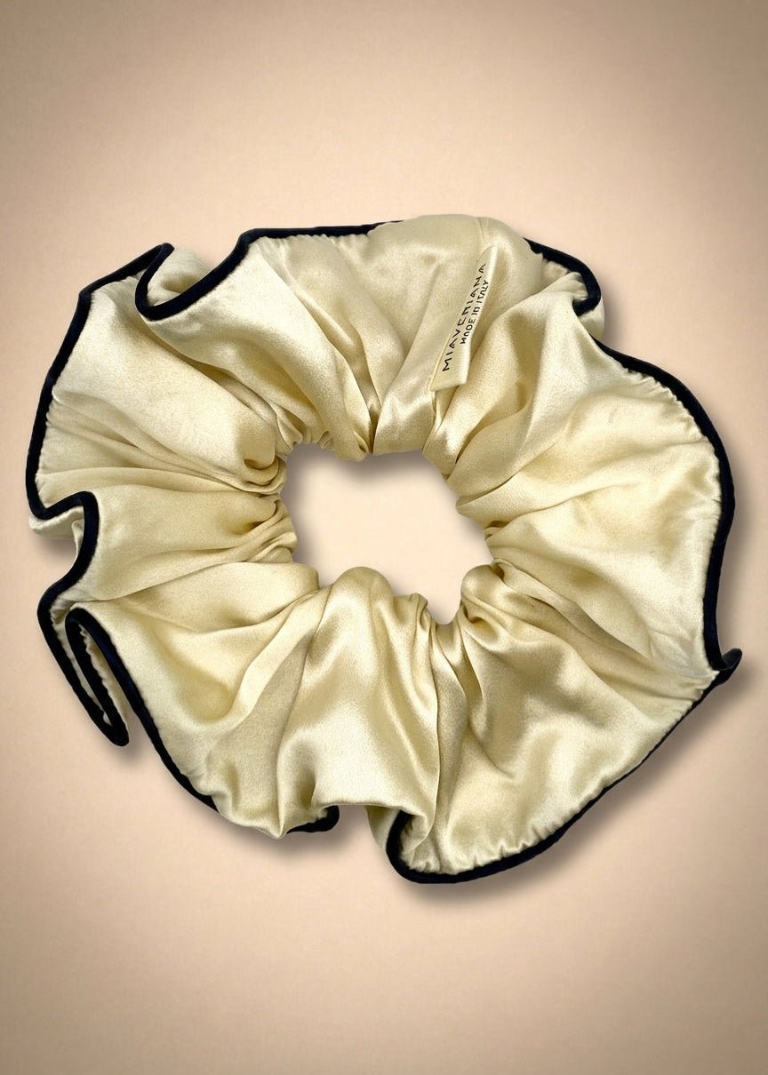 Champagne Silk Scrunchie with Midnight Blue Trim