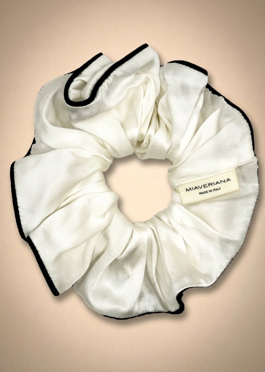Pearl Ivory Silk Scrunchie with Midnight Blue Trim
