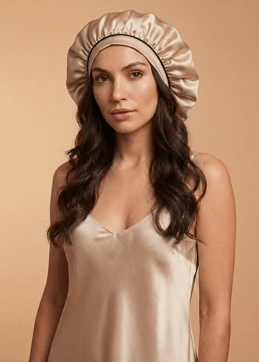 Champagne silk hair bonnet with midnight blue trim by Miaveriana
