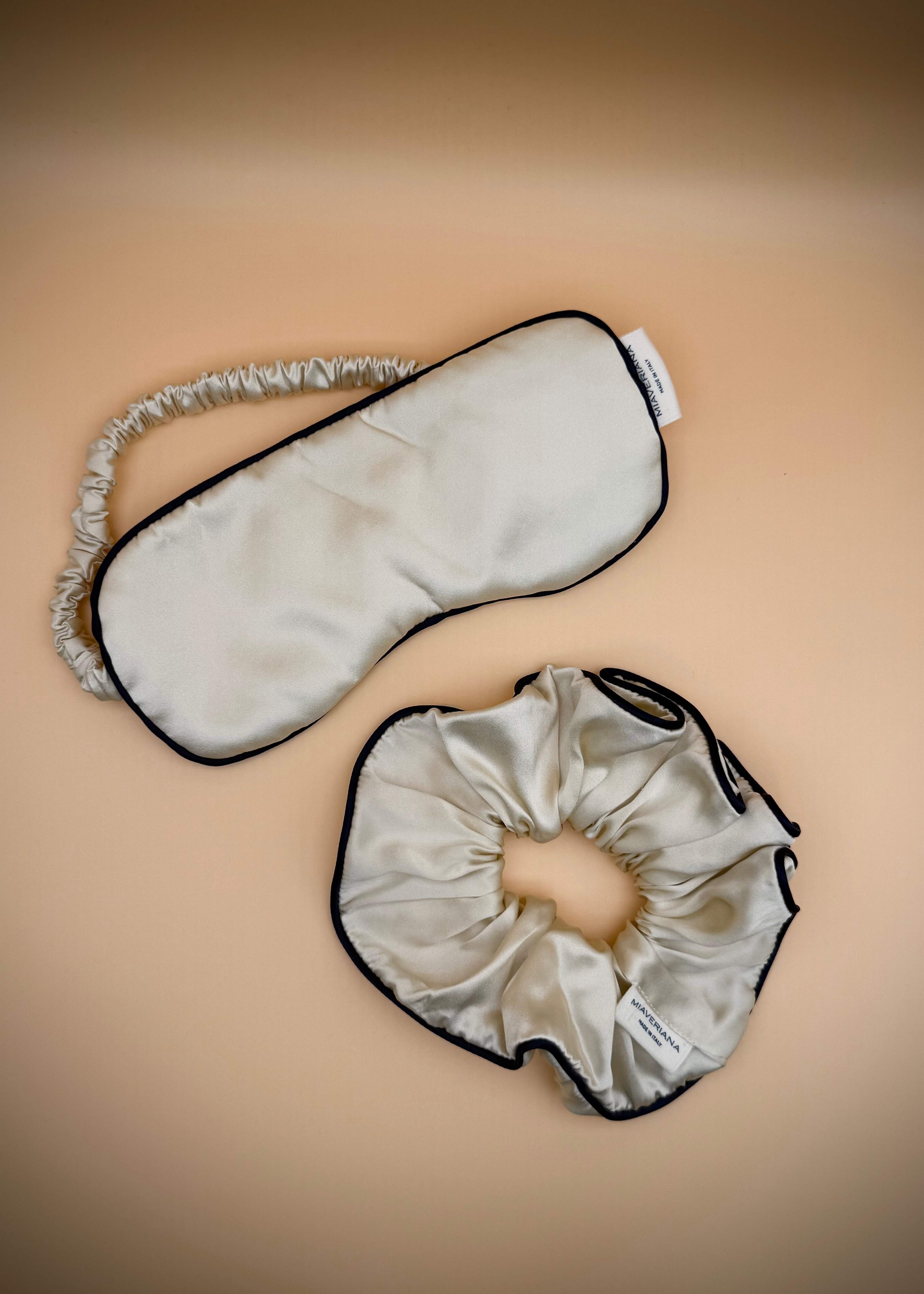 Champagne silk sleep mask and scrunchie travel set by Miaveriana