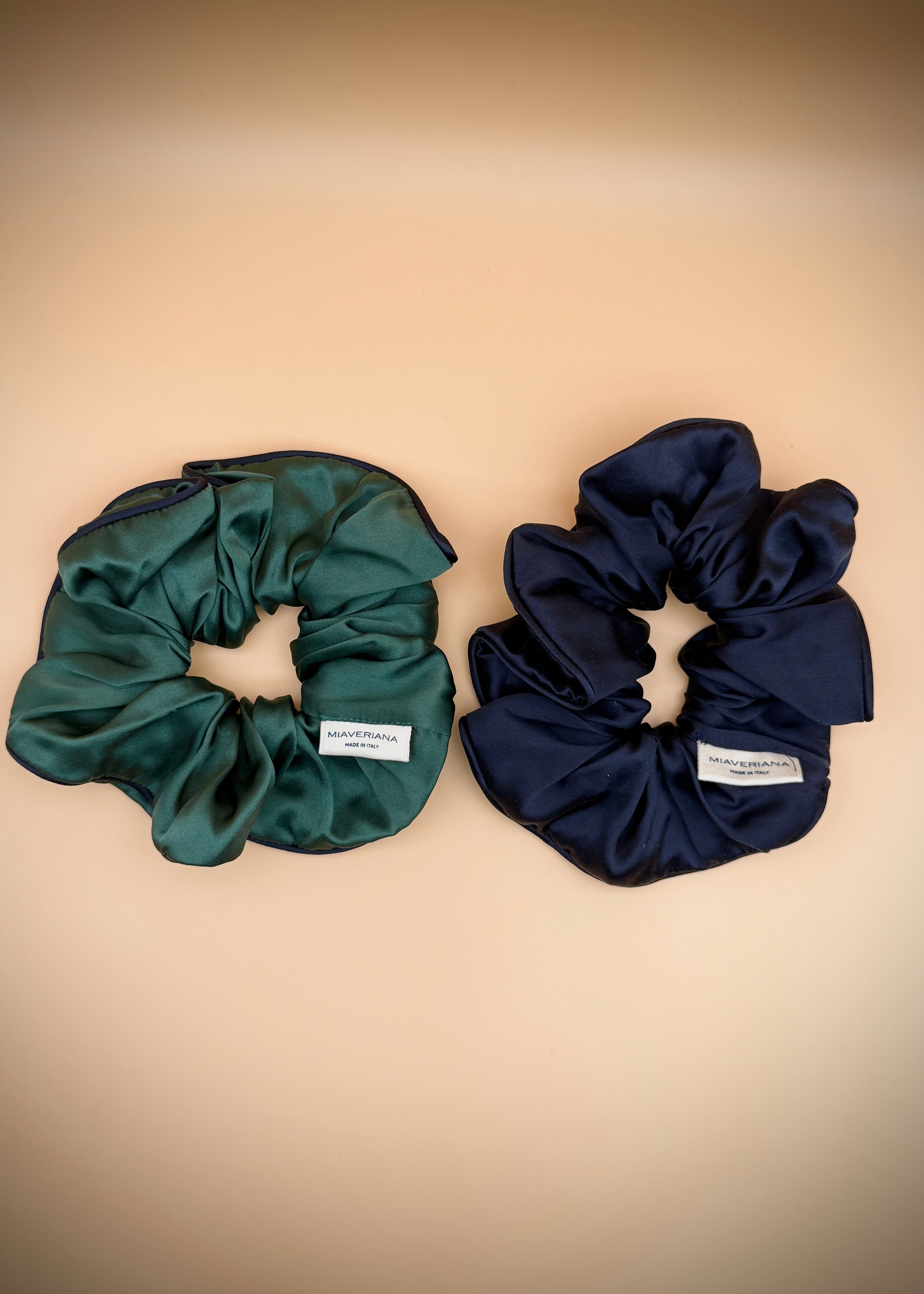 Midnight blue and emerald green silk scrunchie set by Miaveriana