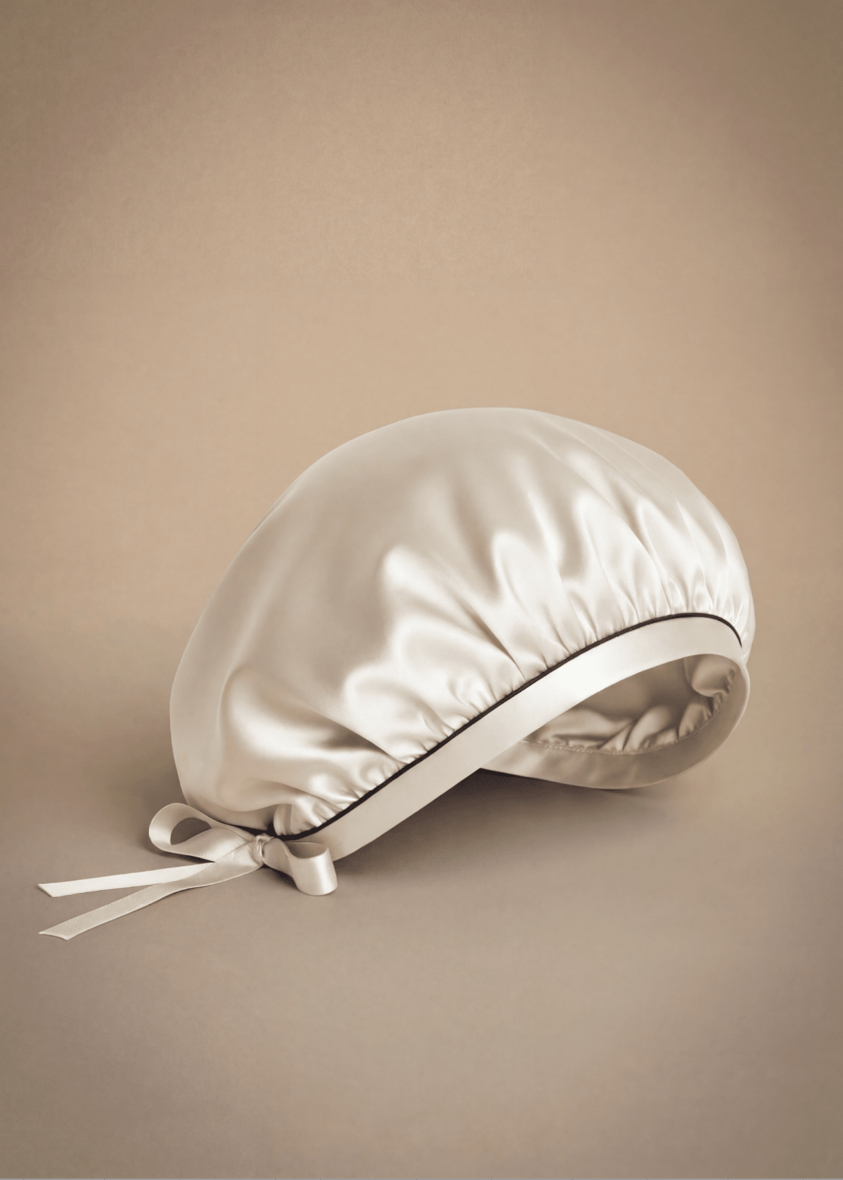 Pearl ivory silk hair bonnet with midnight blue trim by Miaveriana