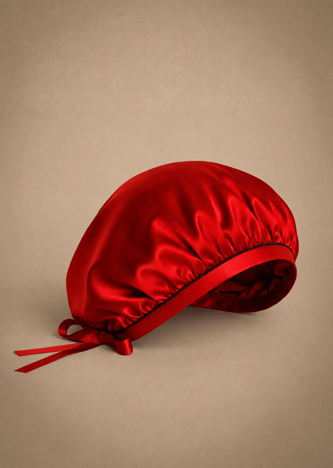 Ruby red silk hair bonnet with midnight blue trim by Miaveriana.  